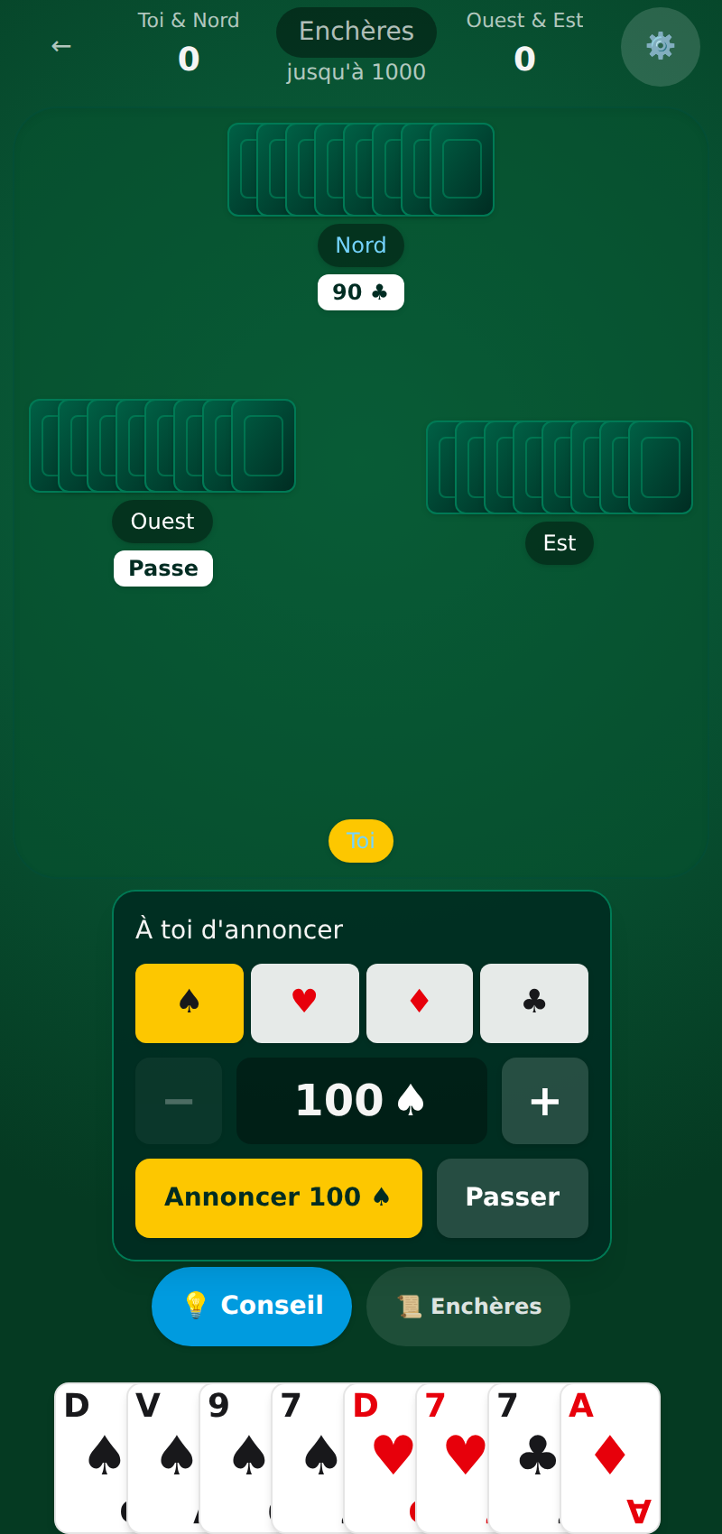 Aperçu d'une partie de coinche sur Coincheur, avec le coach